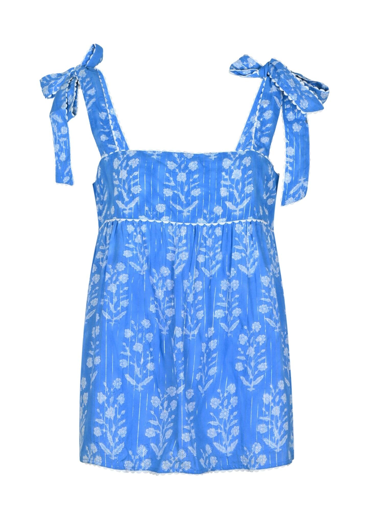 Small Flower Print Tie Shoulder Top W/Lurex L Sapphire/Silver