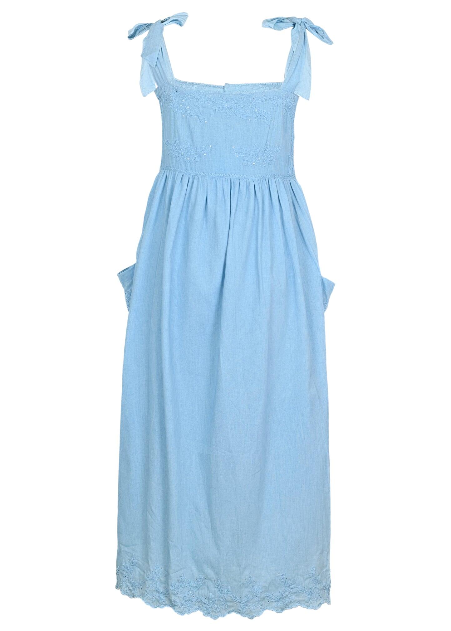 Tie Shoulder Dress With Tonal Lotus Embroidery Blue Acid Wash