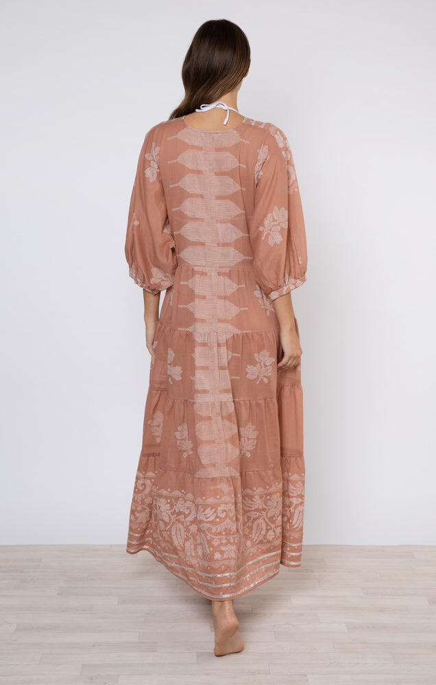 V-Neck Loose Maxi Dress With Dhaka Print & Silver Trim - Dress