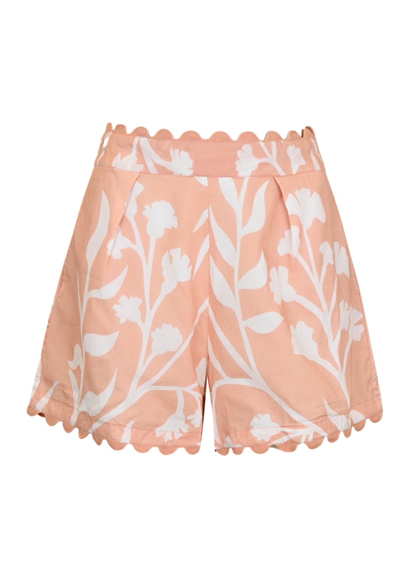 Wide Hem Shorts With Dhaka Print & Silver Trim Pecan & White