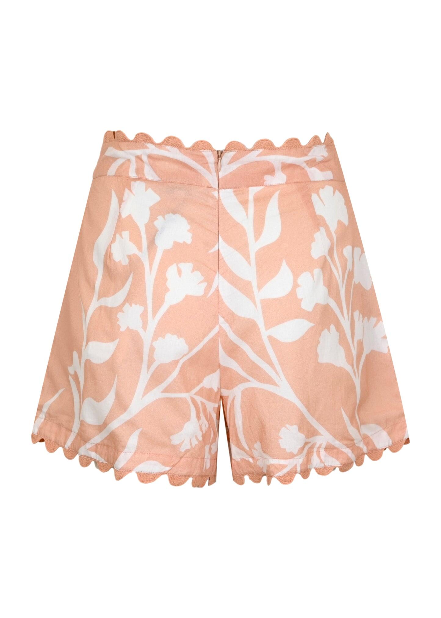 Wide Hem Shorts With Dhaka Print & Silver Trim Pecan & White