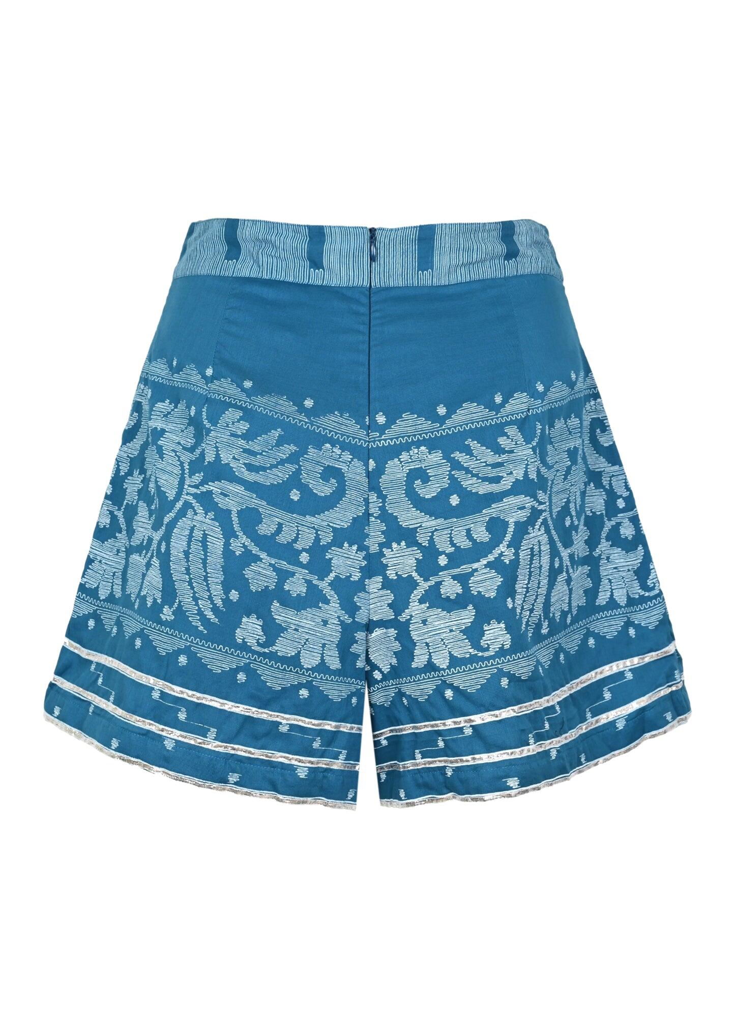 Wide Hem Shorts With Dhaka Print & Silver Trim Petrol & White