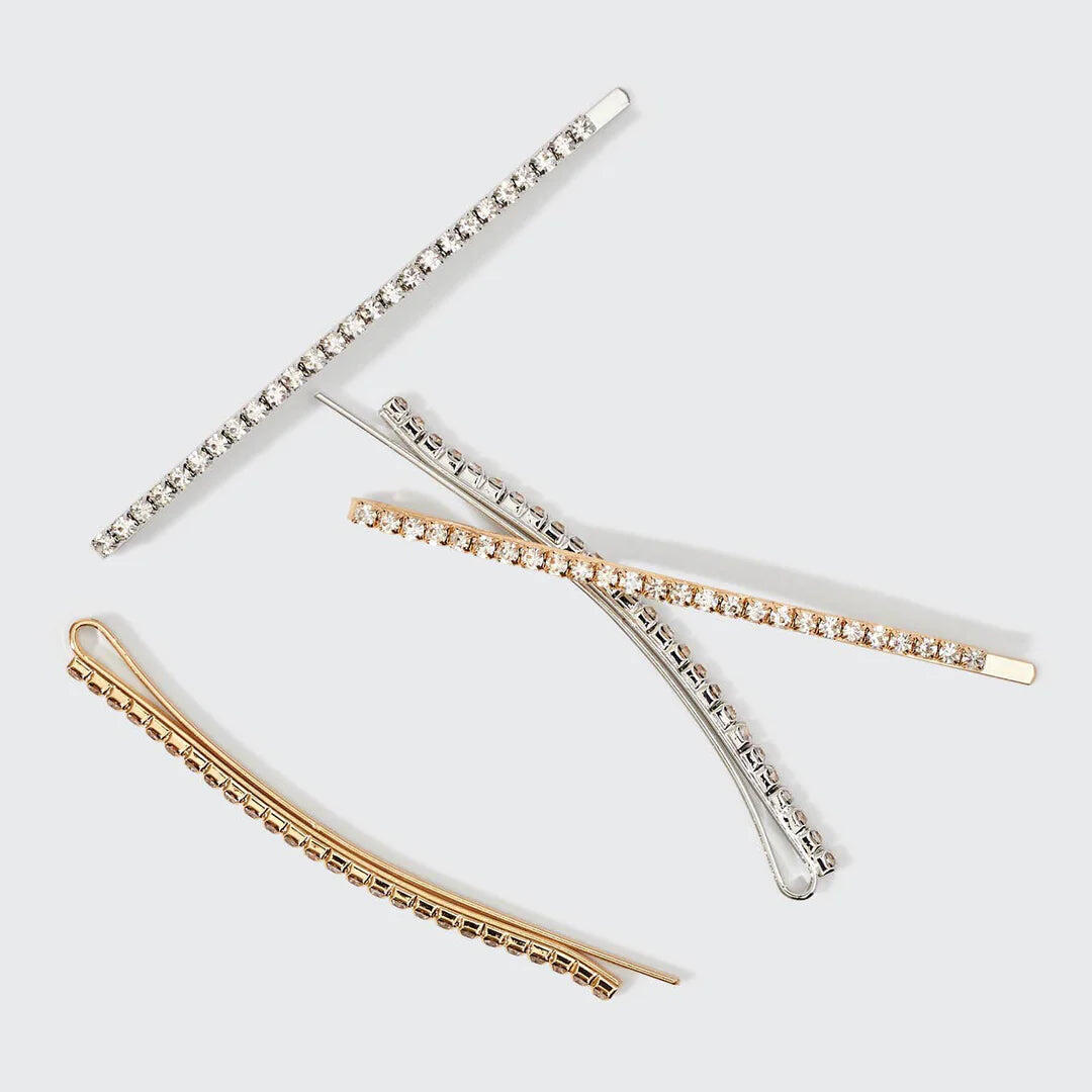 Metal Rhinestone Bobby Pins 4pcs Gold & Silver - ONE SIZE - Hair Accessories