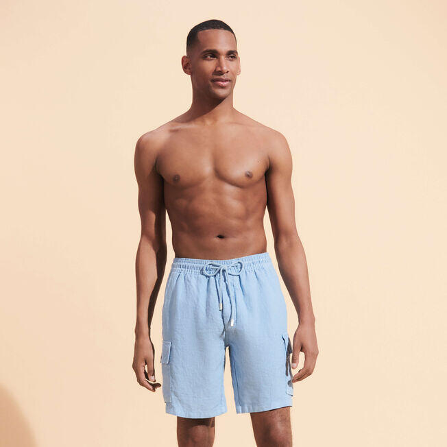 Men Linen Bermuda Shorts Cargo Pockets Divine Blue - Shorts