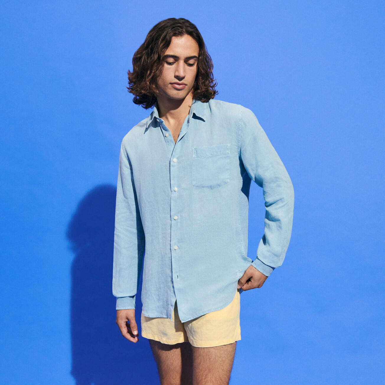 Men Linen Mineral Dye Shirt Solid Source Blue - Long Sleeve Shirt