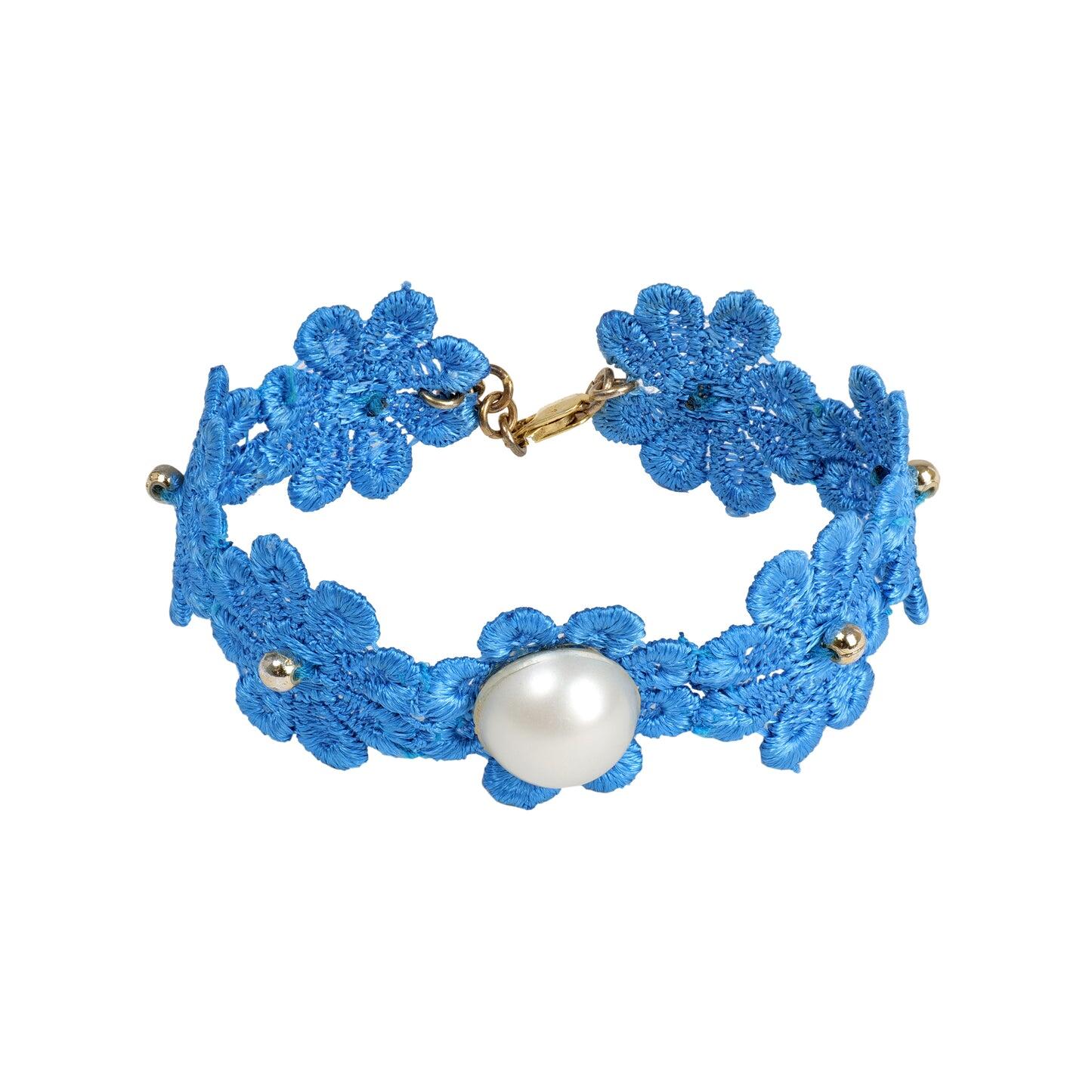 Cotton Bracelet Blue Flower With Pearl