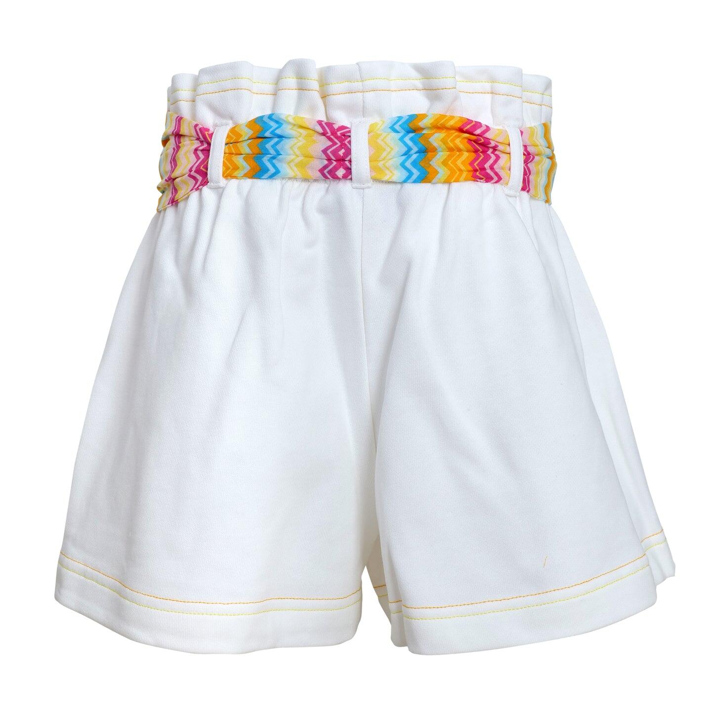 White Shorts With Zigzag Printed Belt For Girls