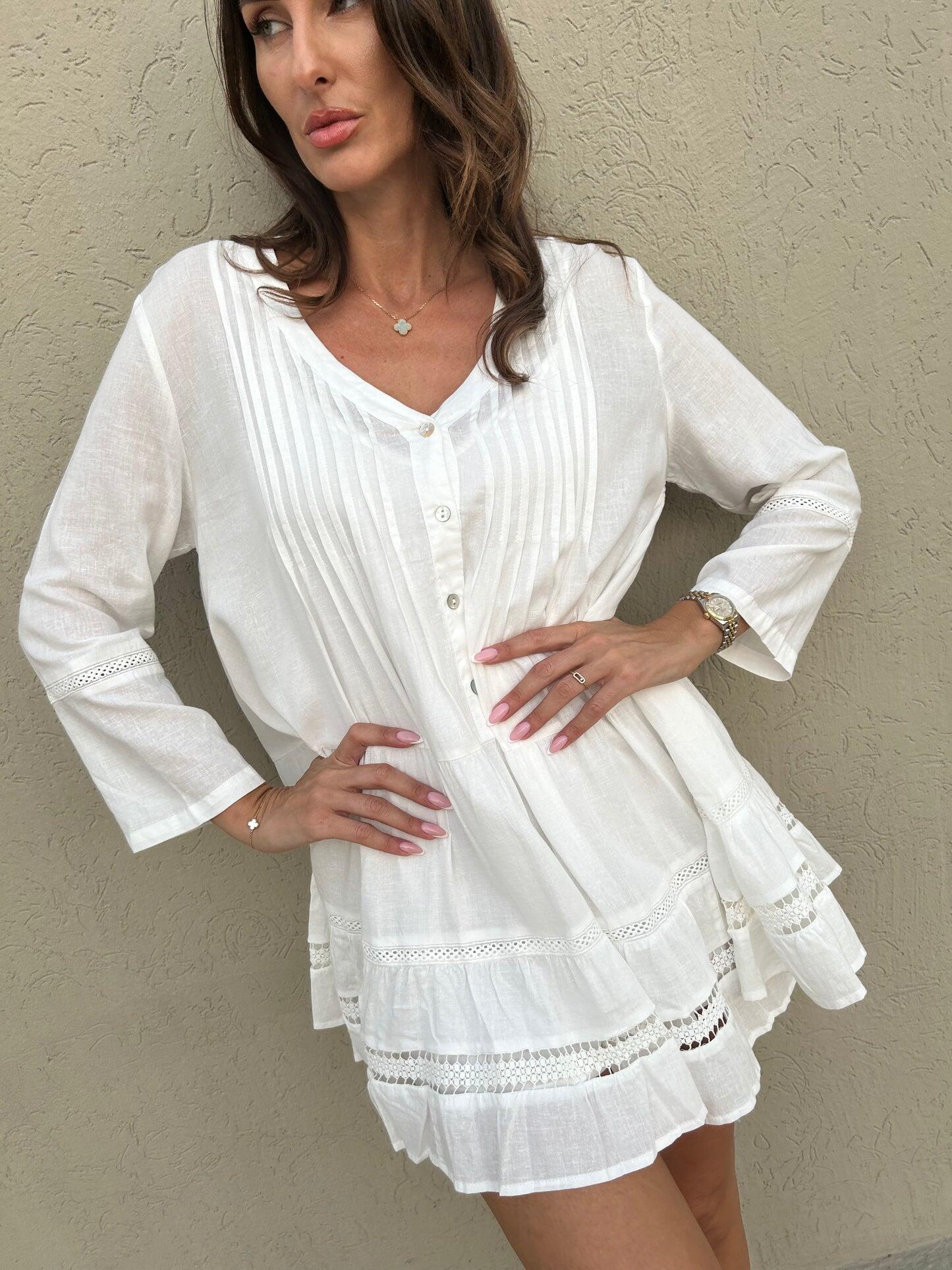 Raya Loose Fit Pleated Linen Dress White - ONE SIZE - Dress