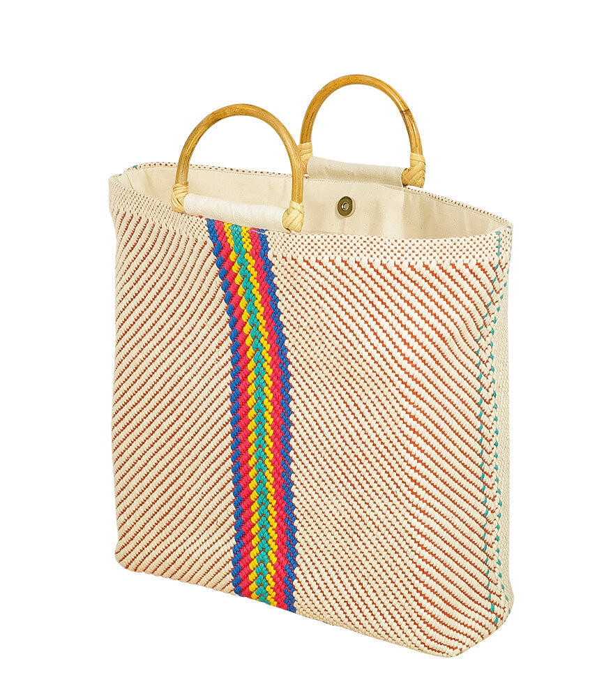 Fabric Tote Bag with Wooden Handles Multi