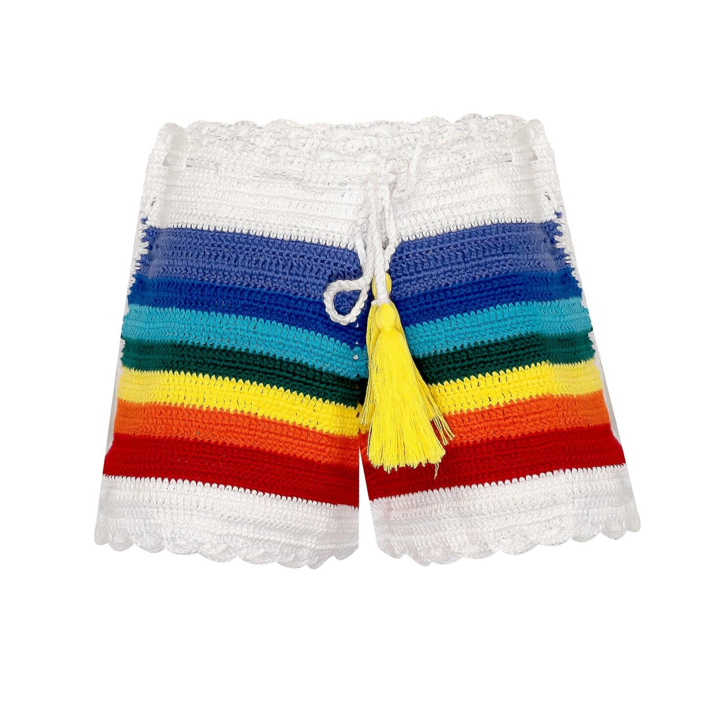 Kids White Crochet Shorts with Rainbow Stripes - Girls Shorts
