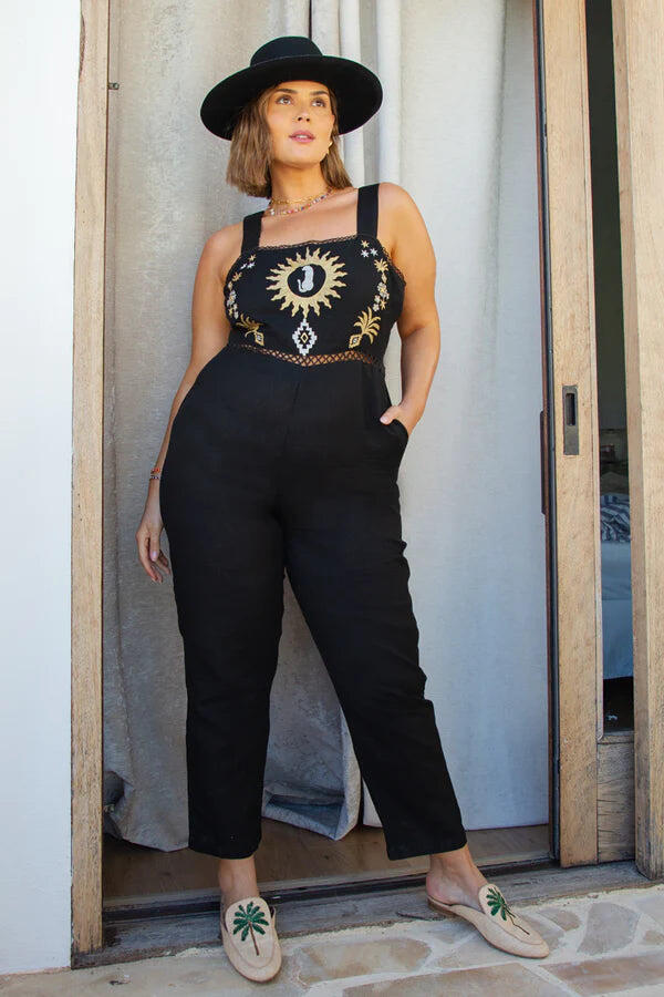 Black Leopard Embroidered Jumpsuit - Jumpsuit