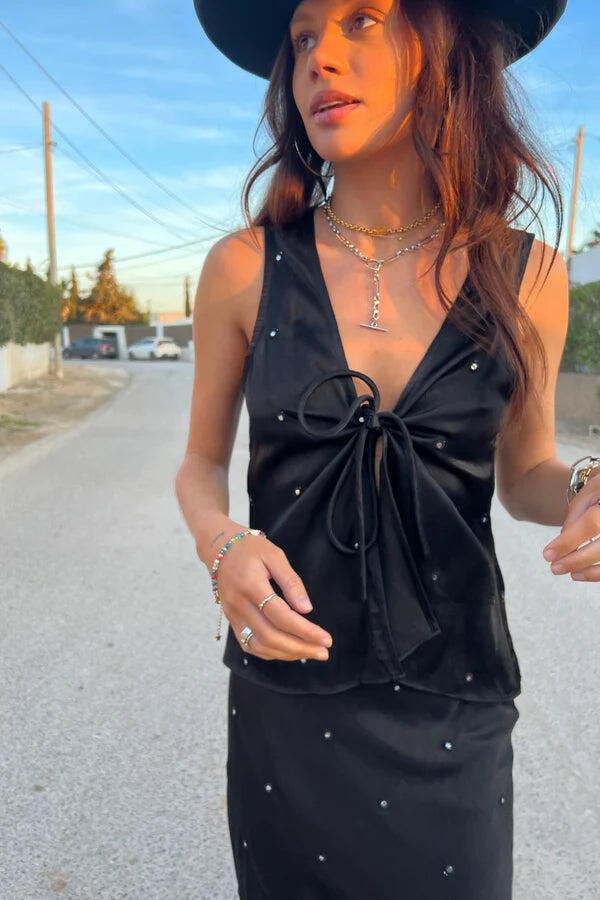 Black Sleeveless Mirror Hayley Tie Top - Top