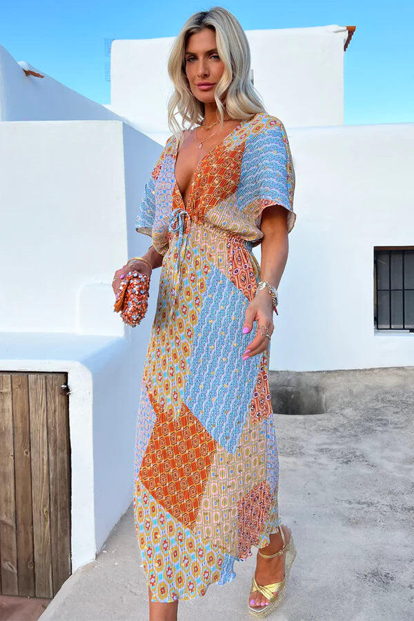 Patchwork Plisse Mollie Midi Dress - Dress