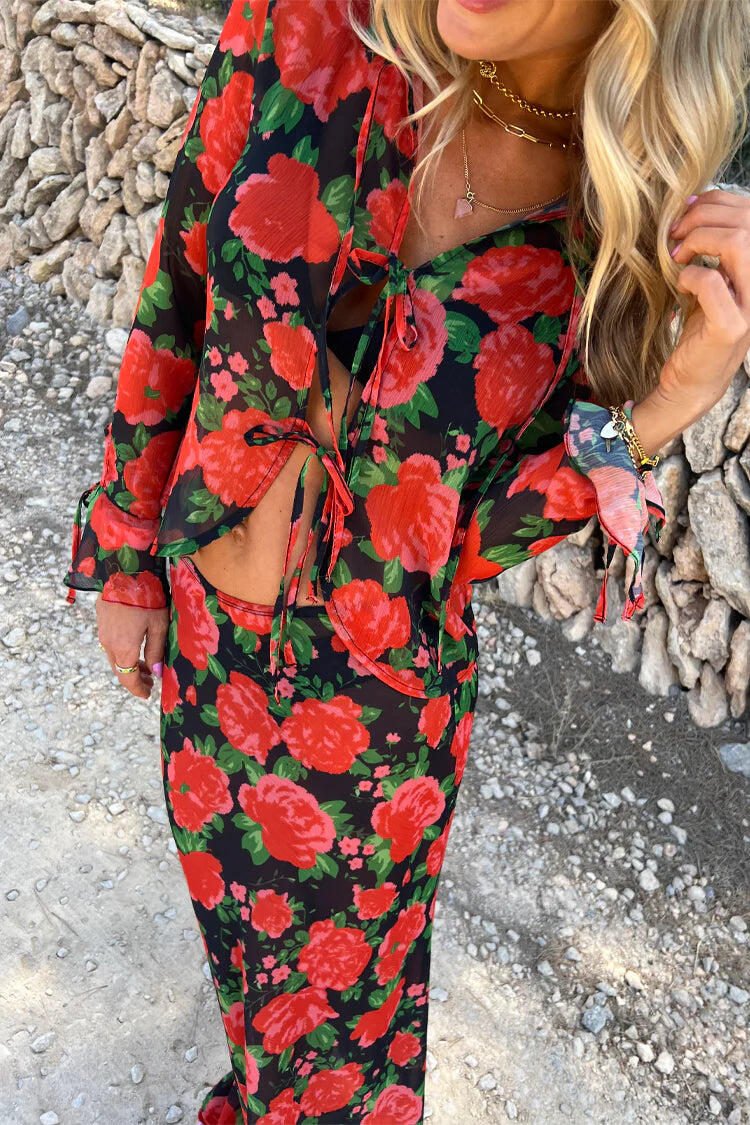 Rose Chiffon Tie Front Blouse - Top
