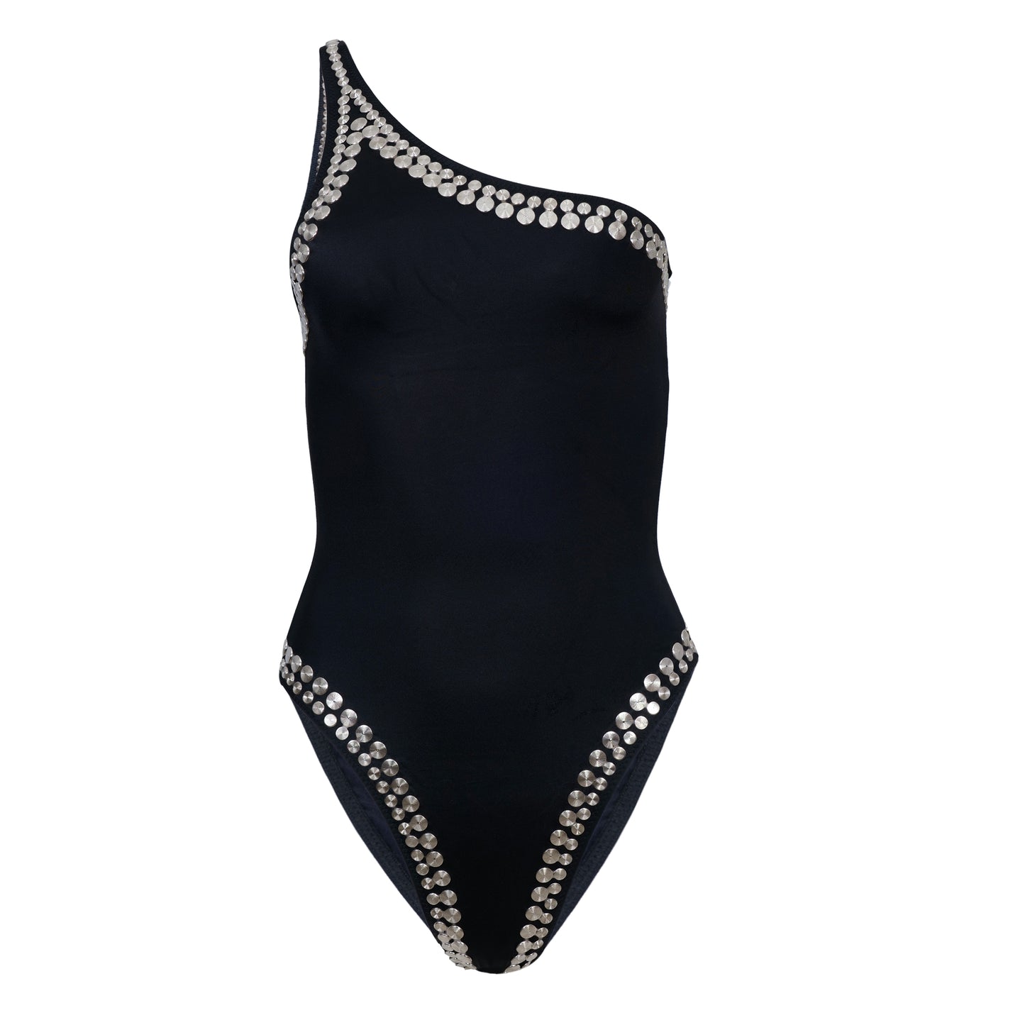 Black One Shoulder Swimsuit with Metal Studs Norma Kamali