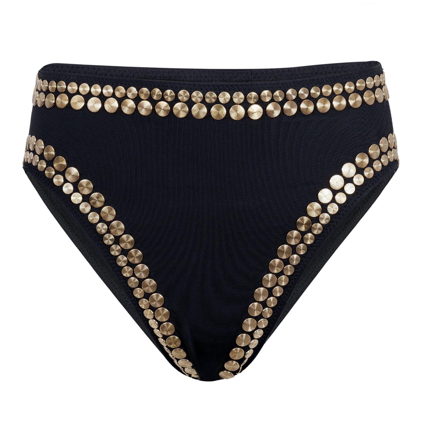 Black High Waisted Bikini Bottoms w Gold Studs Black Bikini Bottoms