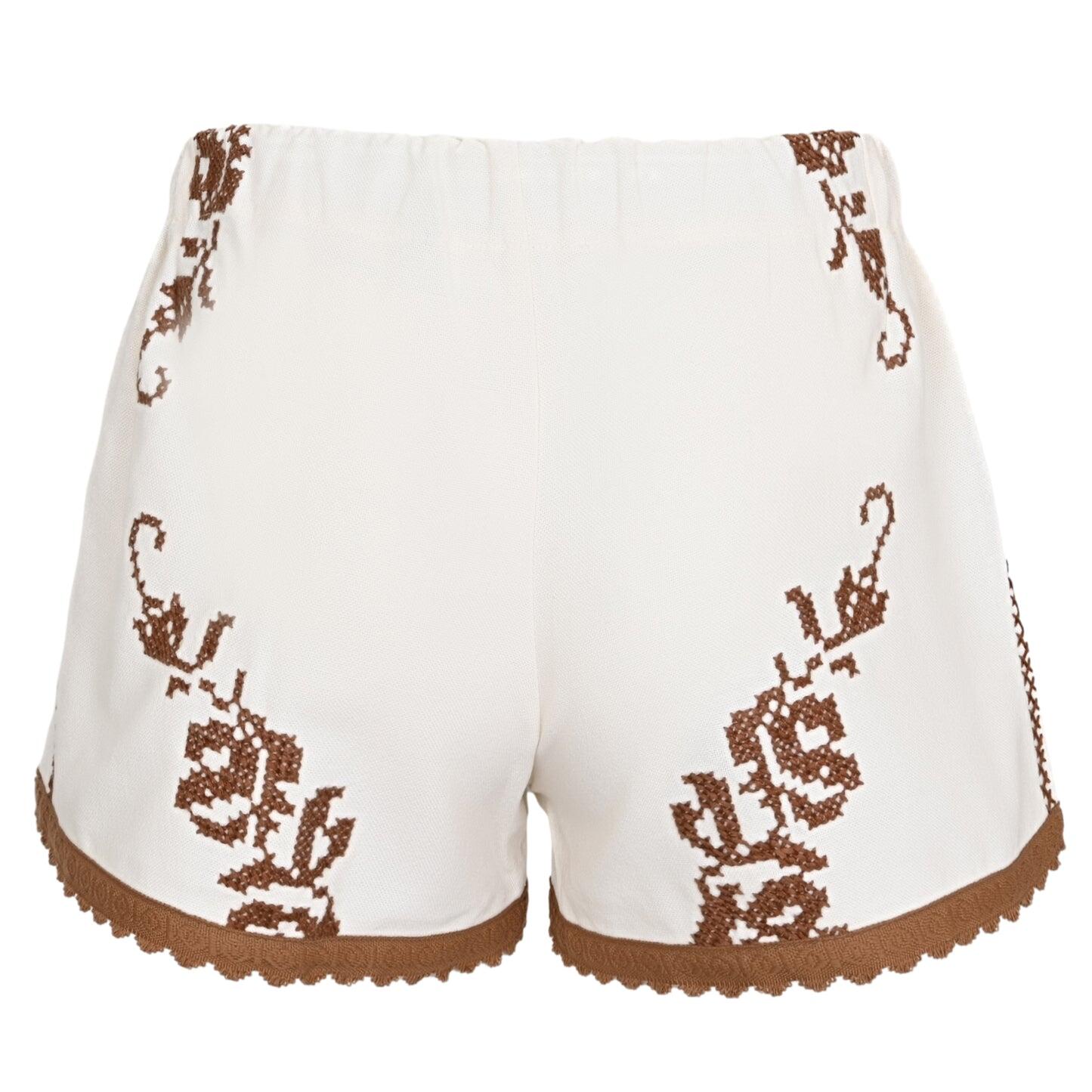Orsina Cotton Shorts Tan Trim Brown Print S - Shorts