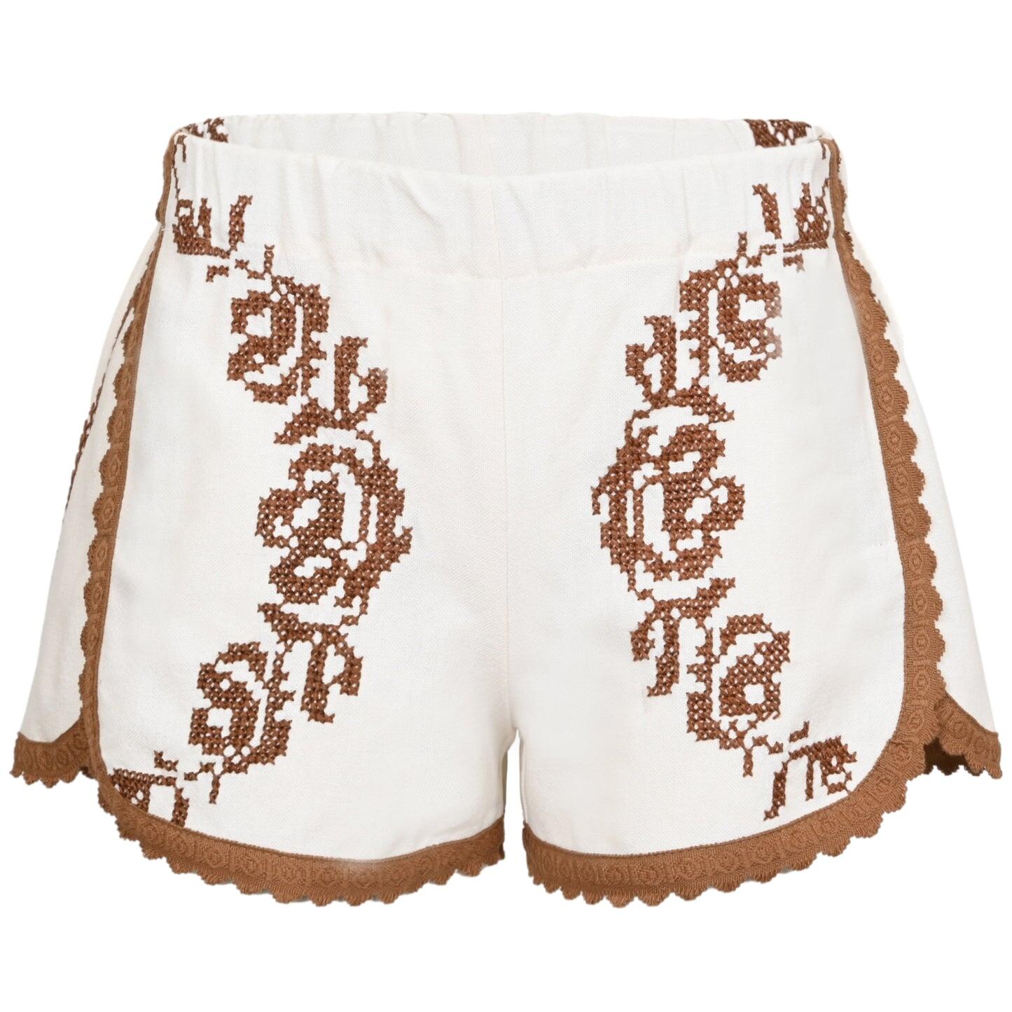 Orsina Cotton Shorts Tan Trim Brown Print S - Shorts