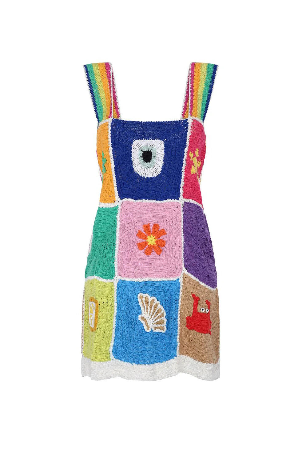 Crochet Patchwork Mini Dress Multicolor