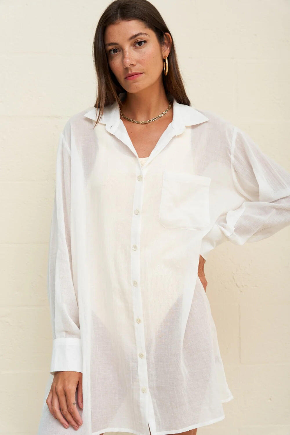 Motif Button Shirt Dress White