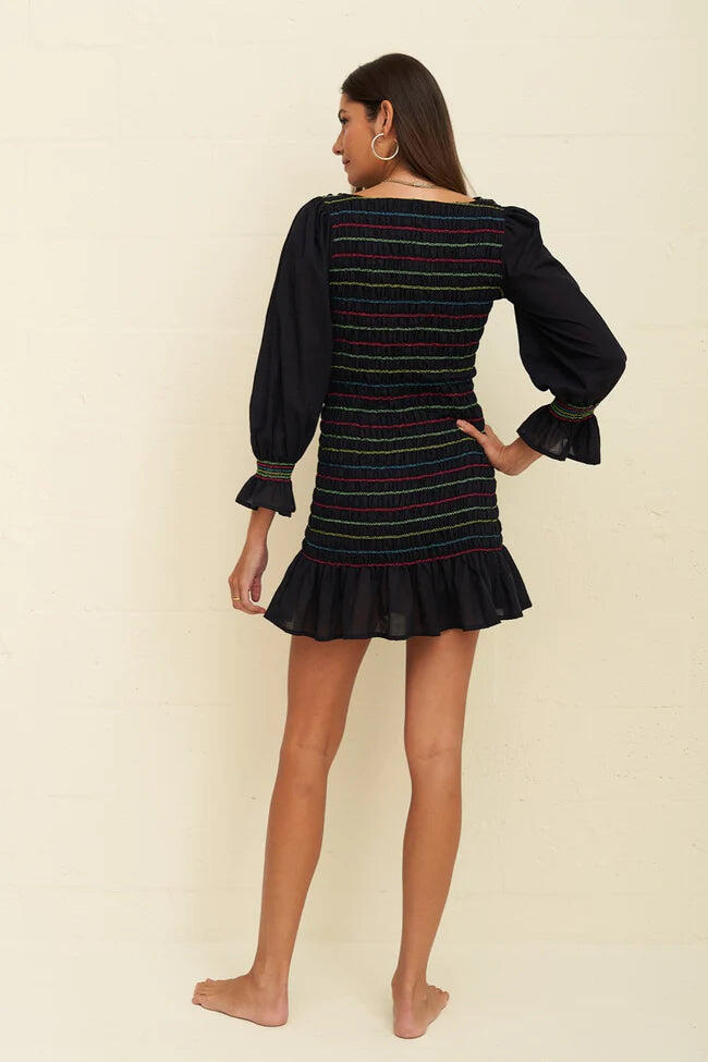Smocked Long Sleeve Mini Dress Black