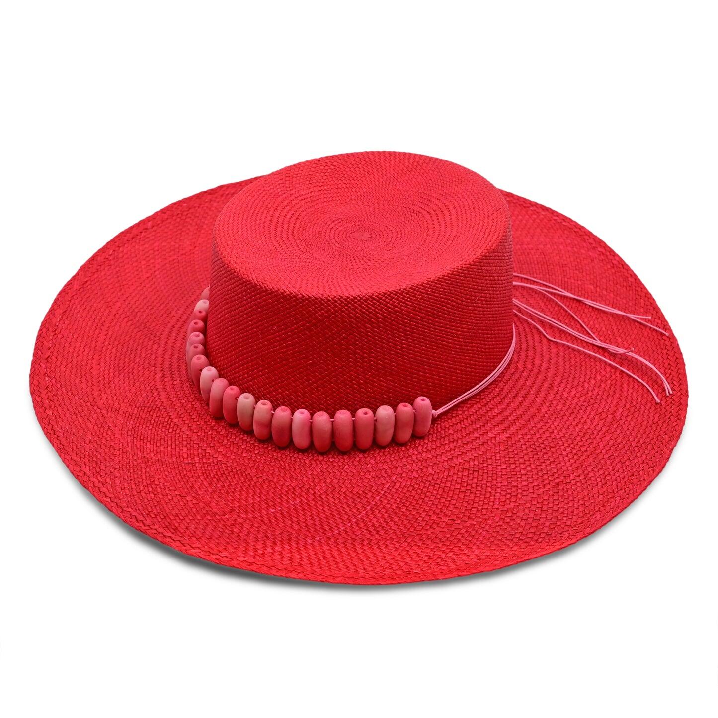 Raku Cordovez Wide Brim Scarlet Hat With Bubblegum Pink Tagua - Hat