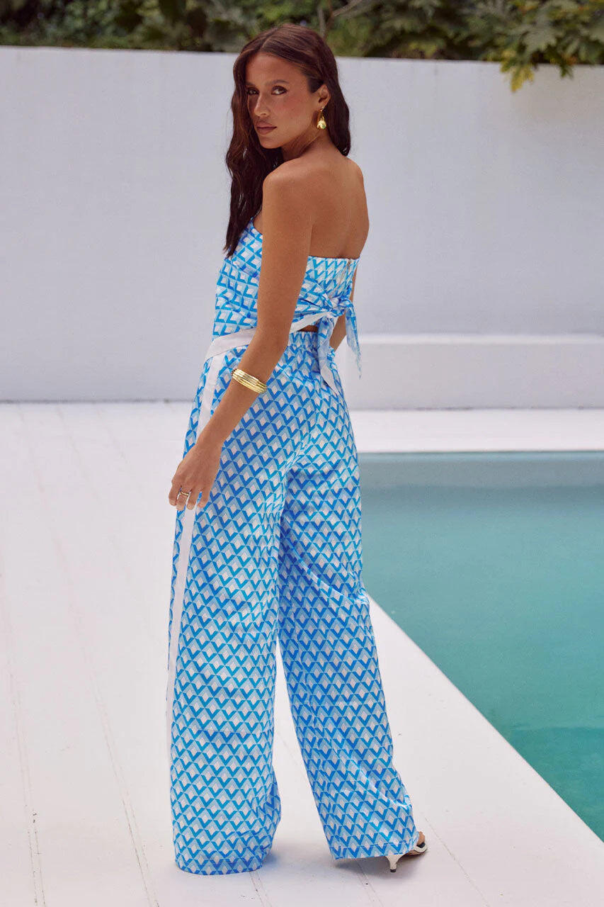 Milani Satin Pant Blue Geo - Bottoms