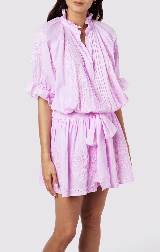 Blouson Dress With Tonal Lotus Embroidery Sugar Almond Acid Wash