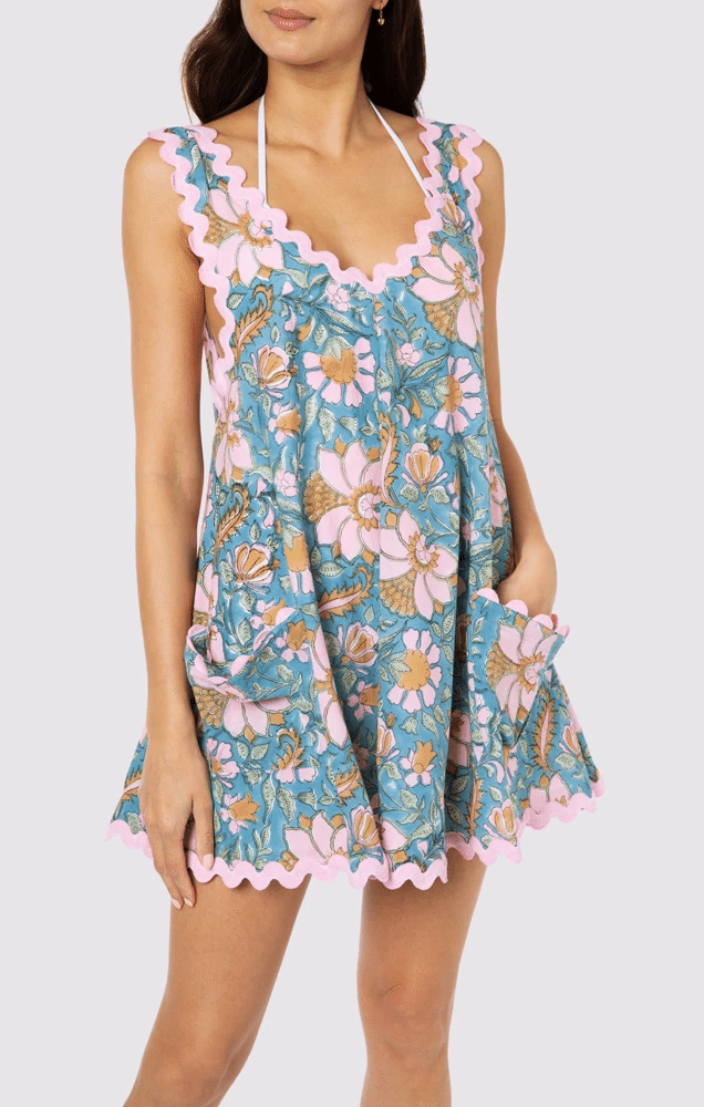 Floral Block Print Low Back Dress with Ric Rac Blue Multi - O/S - Dress