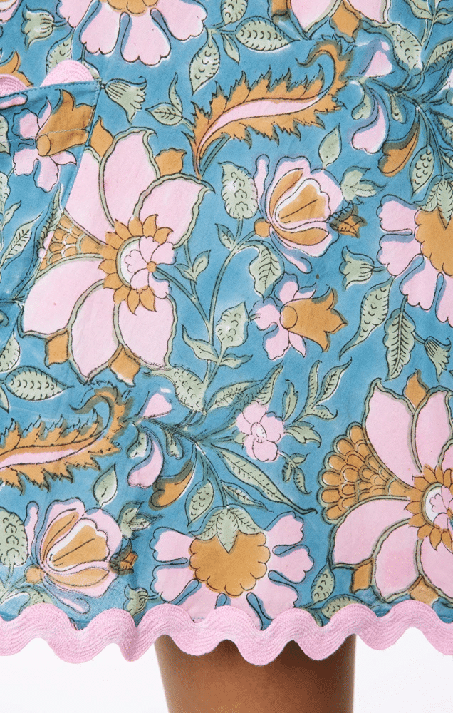 Floral Block Print Low Back Dress with Ric Rac Blue Multi - O/S - Dress