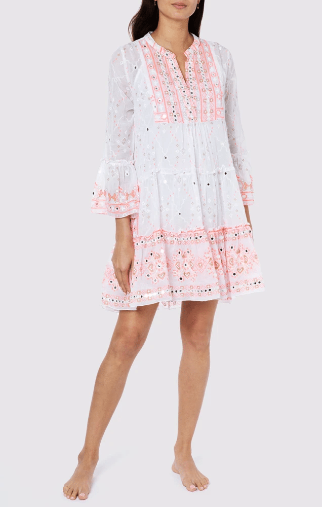 Mosaic Print Flared Sleeve Dress with Mirror Embroidery White Coral Gold