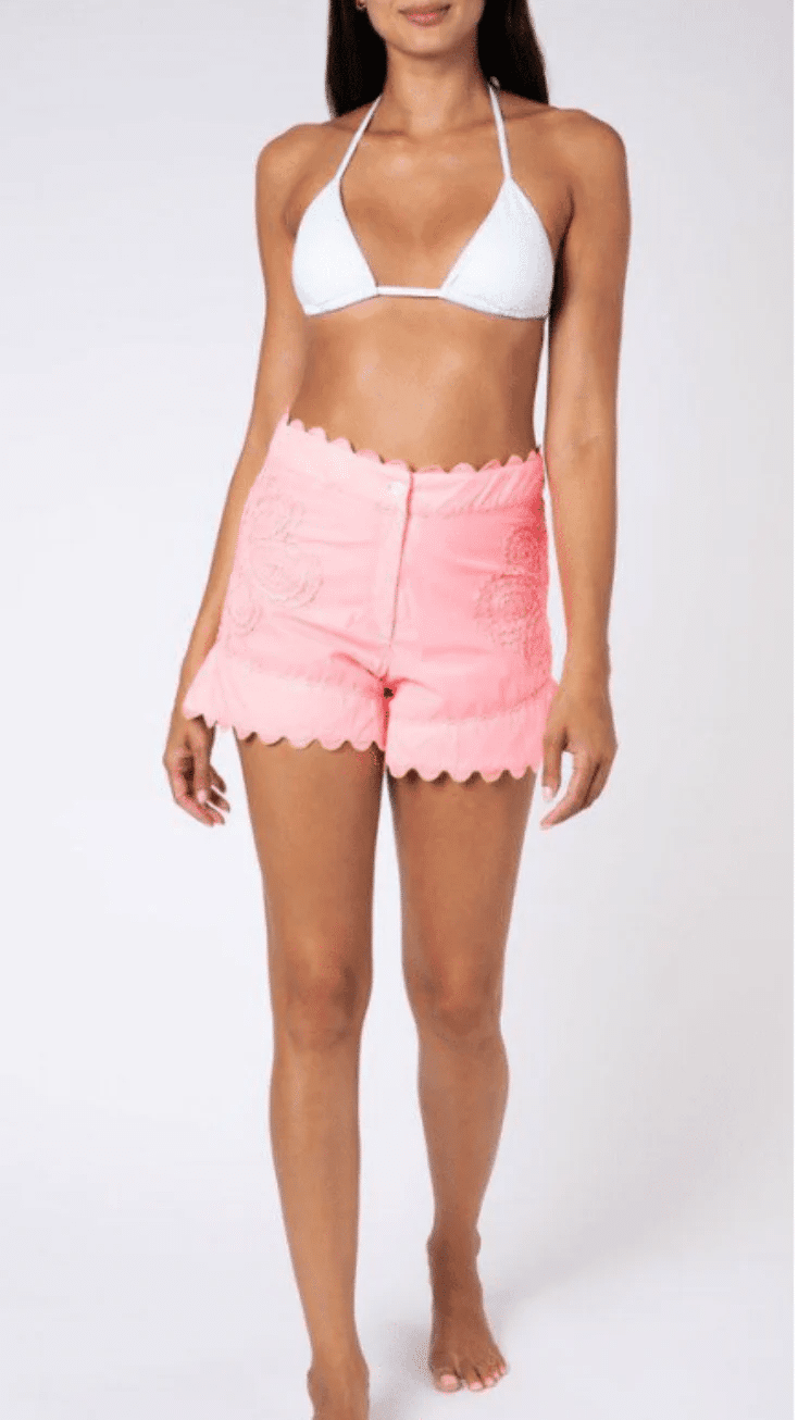 Neon Poplin High Waisted Shorts W/Ric Rac Embro Washed Coral