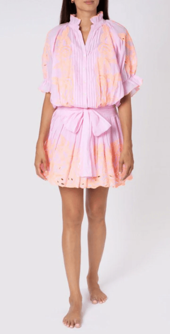 Contrast Cut Out Embro Blouson Dress - With Slip Pale Pink/Neon Peach