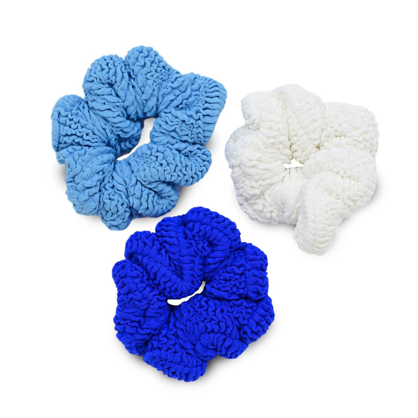 3 Pack Kids Scrunchies Royal Blue/Sky Blue/White