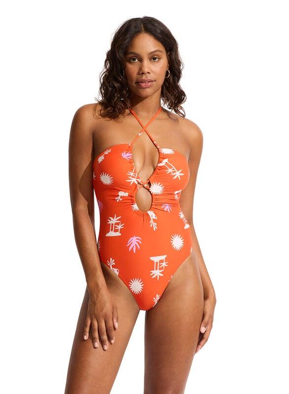 Load image into Gallery viewer, La Palma Lace Up Bandeau One Piece Tamarillo
