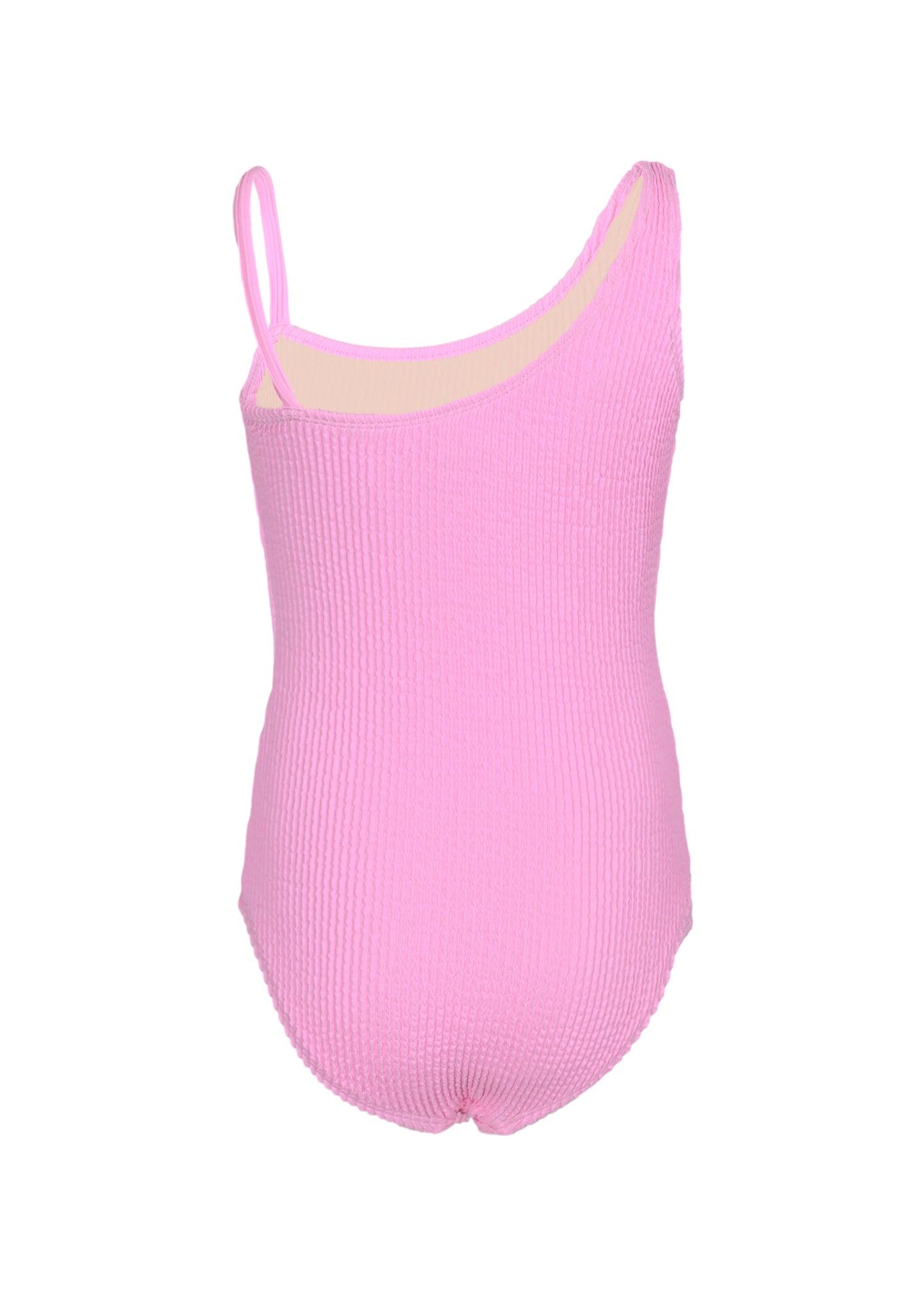 Girls Crinkle Textured One Shoulder One Piece Pink Swimsuit - One Piece