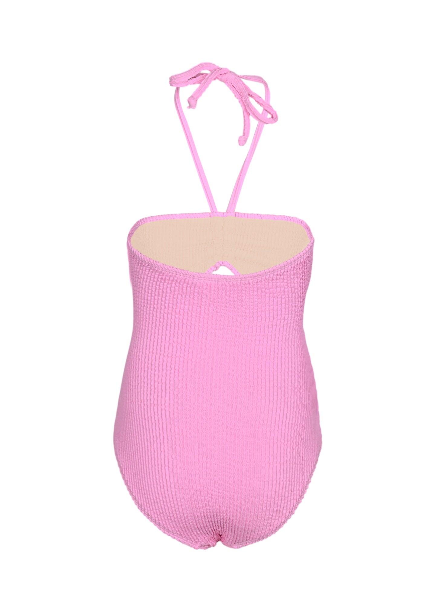 Girls Crinkle Textured Halter Cut Out One Piece Pink Swimsuit - One Piece