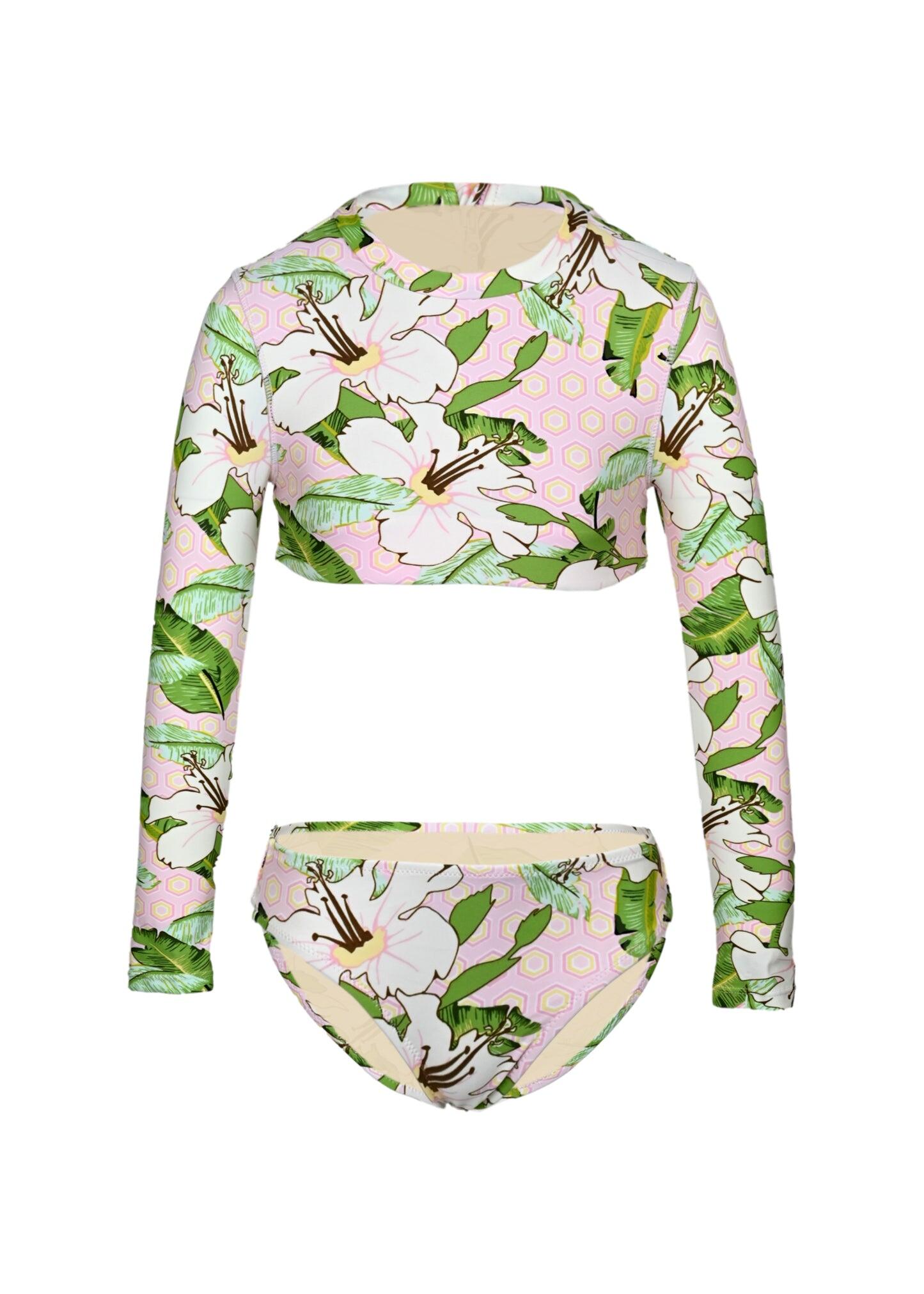Hibiscus Botanical Pink Girls Cropped Rashguard Swimsuit Set - Bikini