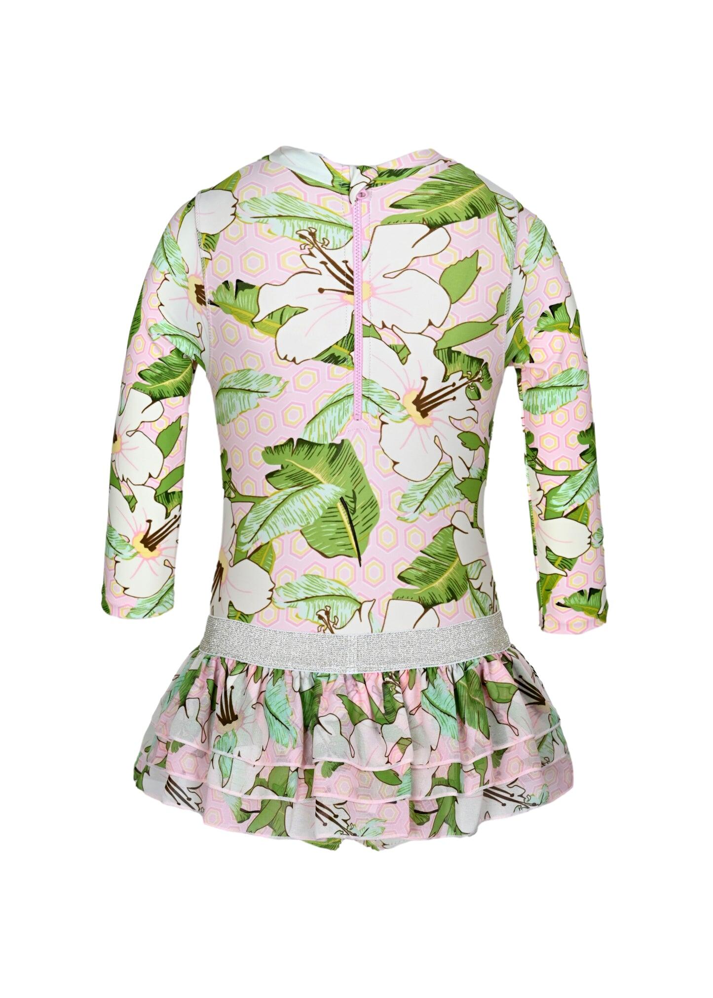 Hibiscus Botanical Pink Girls Long Sleeve One Piece & Tutu Swimsuit Set - Bikini