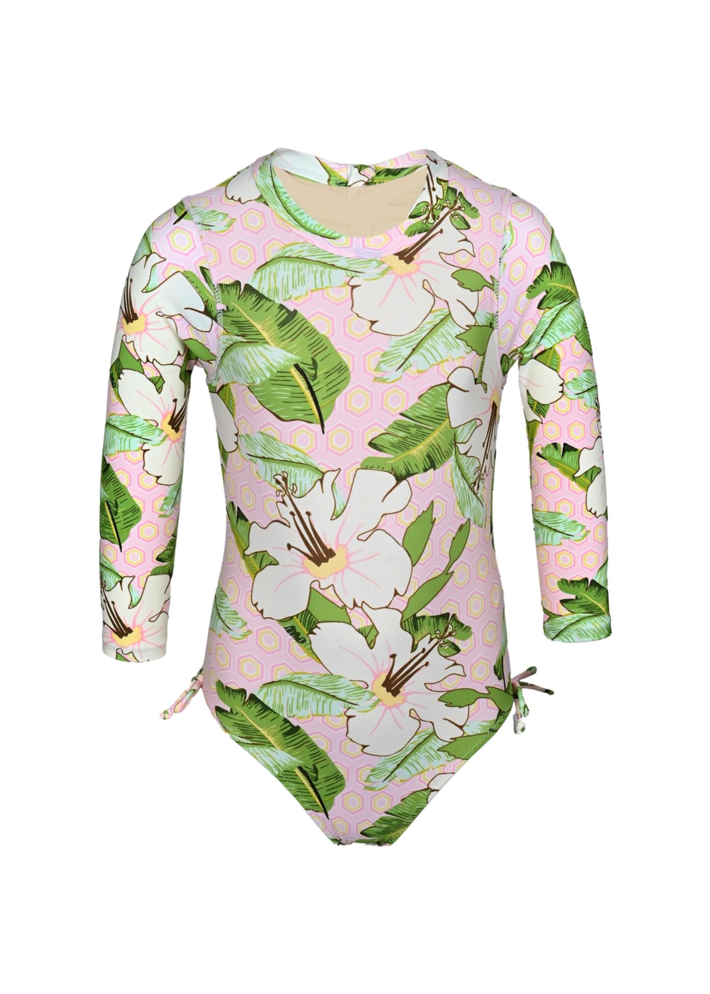 Hibiscus Botanical Pink Girls Long Sleeve One Piece & Tutu Swimsuit Set - Bikini
