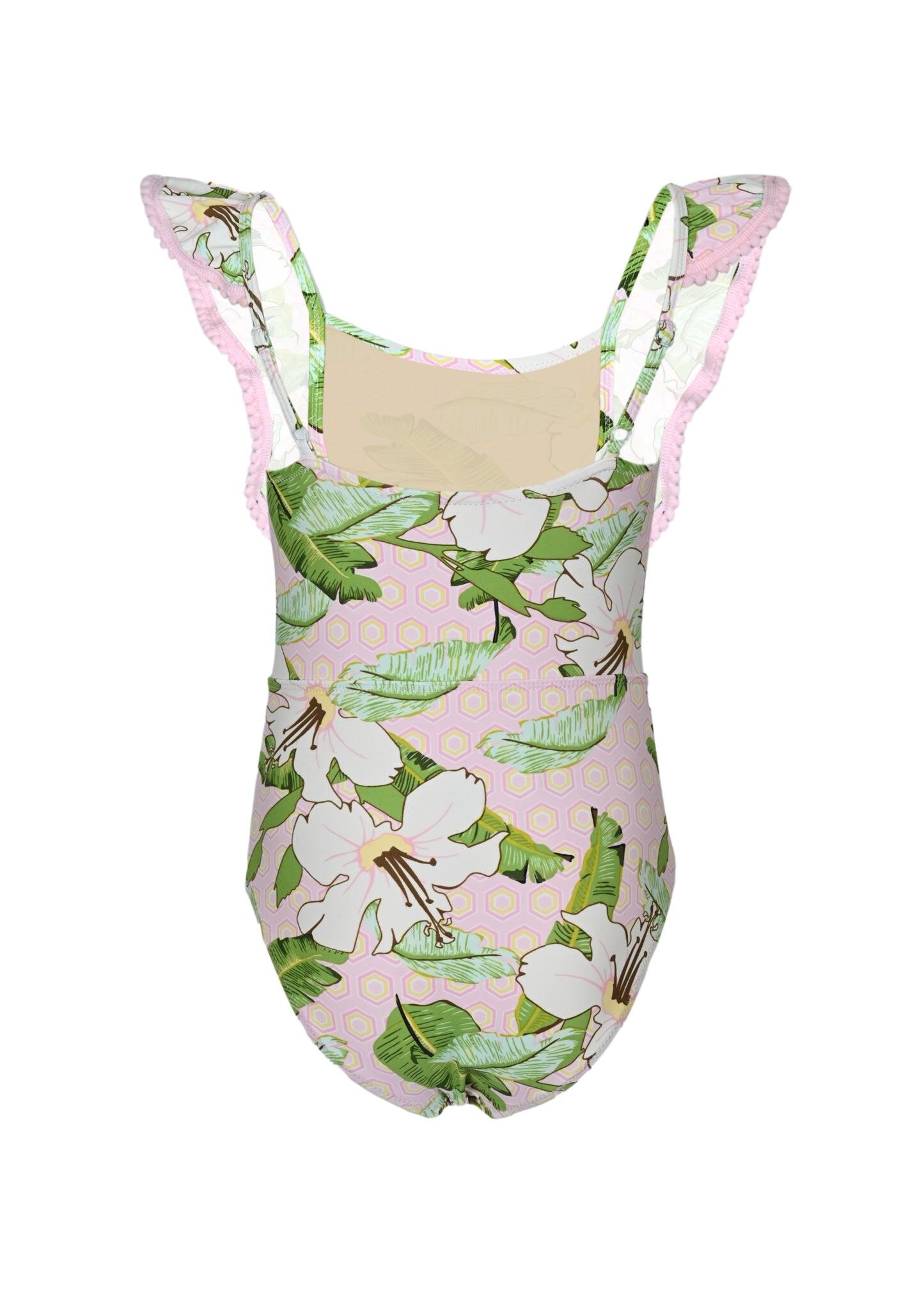 Hibiscus Botanical Pink Girls Ruffle One Shoulder One Piece Swimsuit - One Piece