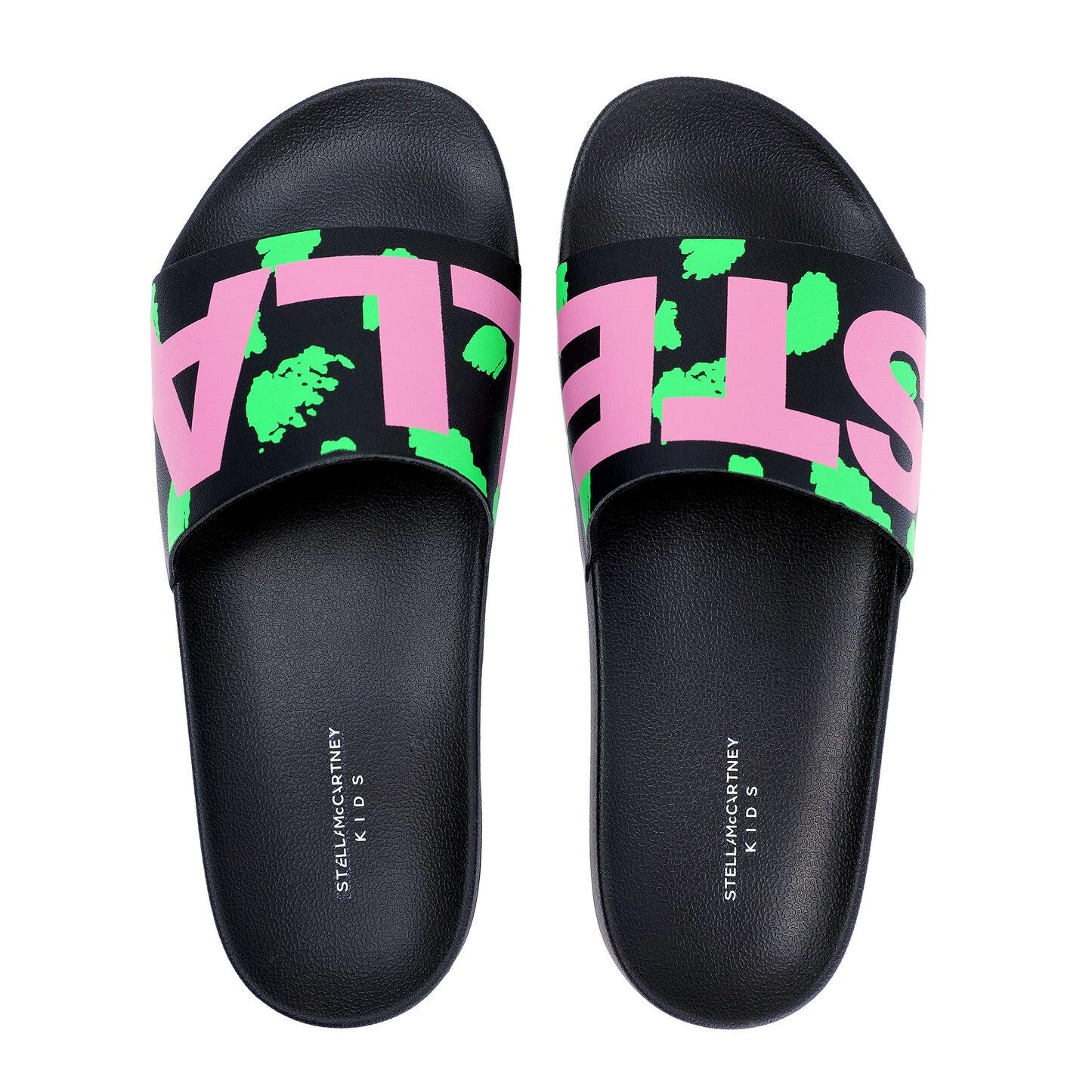 Girls Black Slider Pink/Green Logo - Girls Shoes