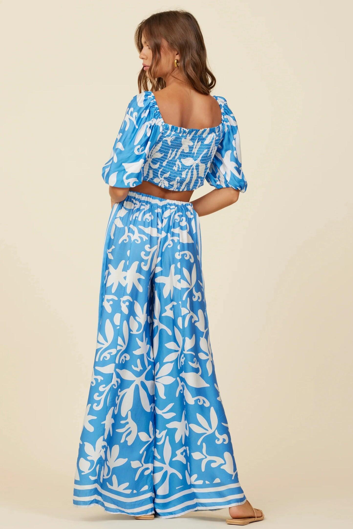 Summer Breeze Print Satin Top Blue - Top