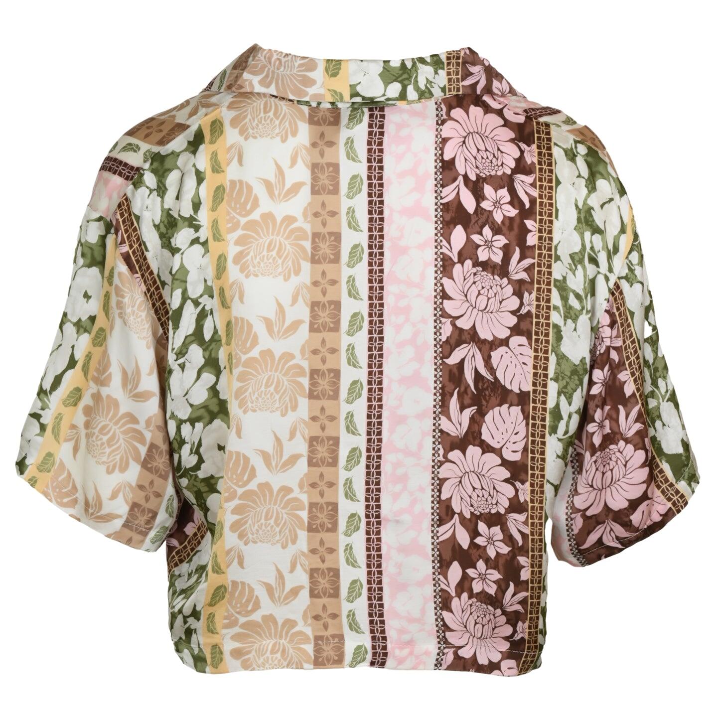 Pacific Tropical Satin Printed Cropped Button Up