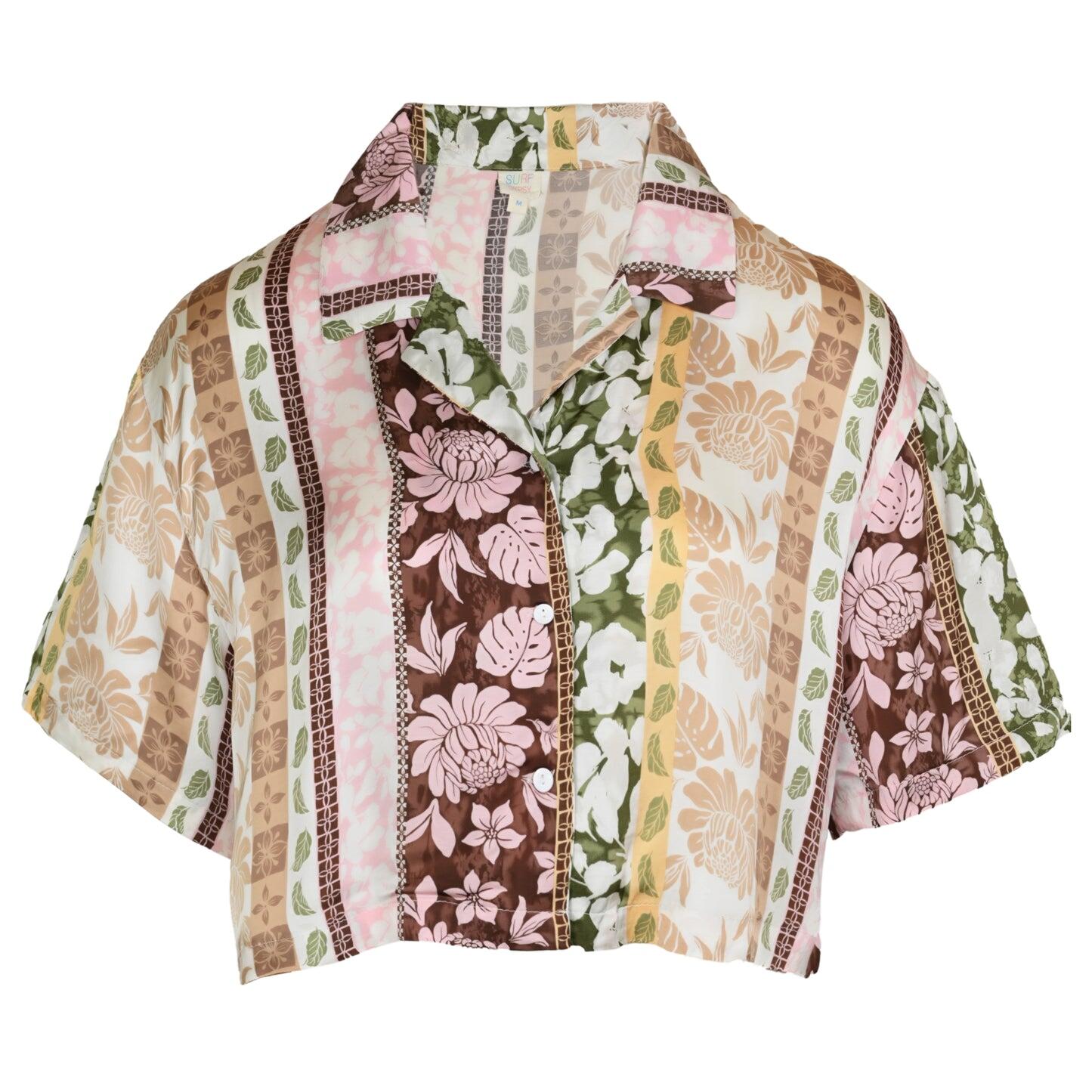 Pacific Tropical Satin Printed Cropped Button Up