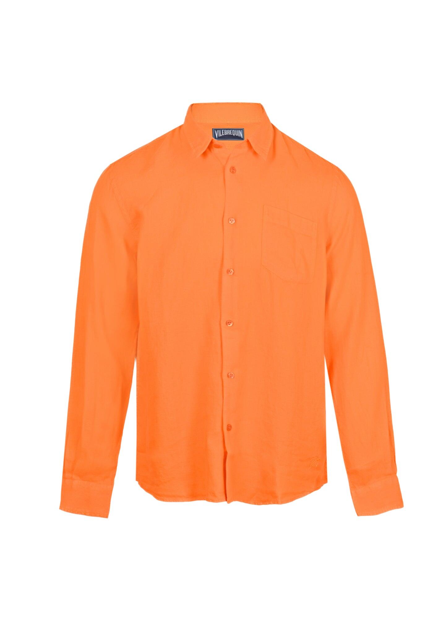 Caroubis Solid Apricot Long Sleeve Linen Shirt - Long Sleeve Shirt