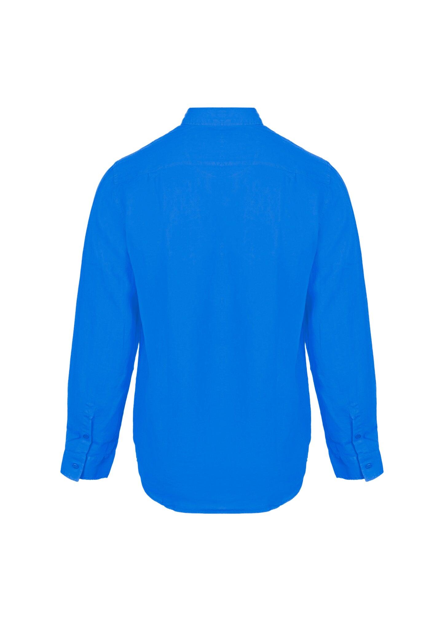 Caroubis Solid Palace Blue Long Sleeve Linen Shirt - Long Sleeve Shirt