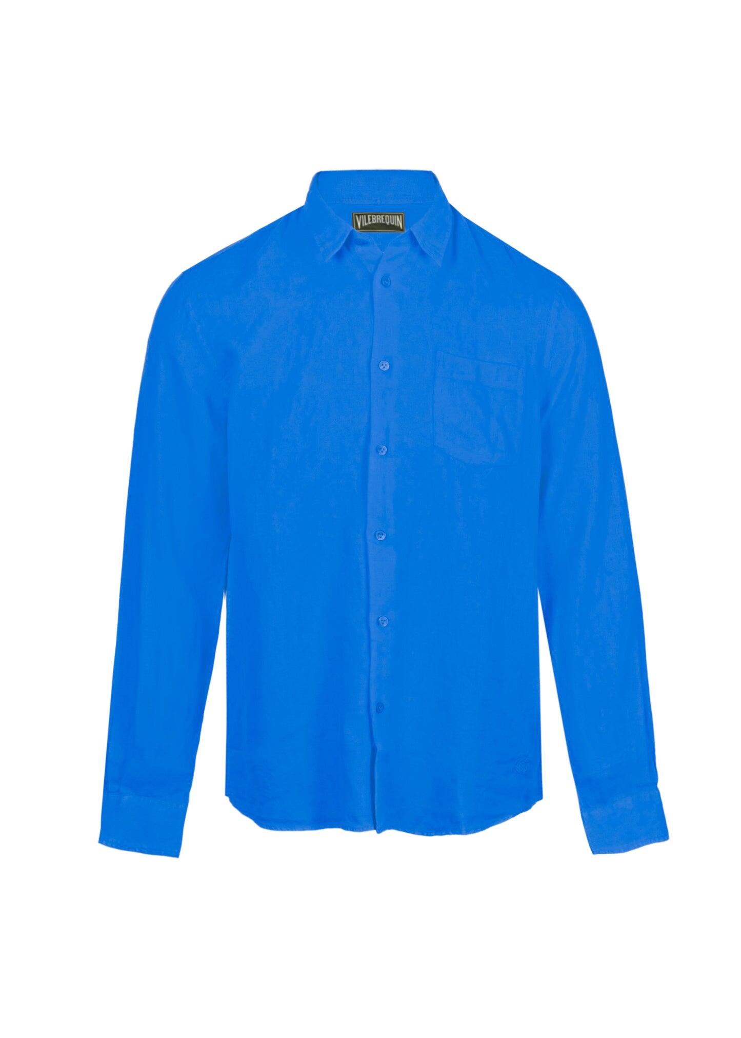 Caroubis Solid Palace Blue Long Sleeve Linen Shirt - Long Sleeve Shirt