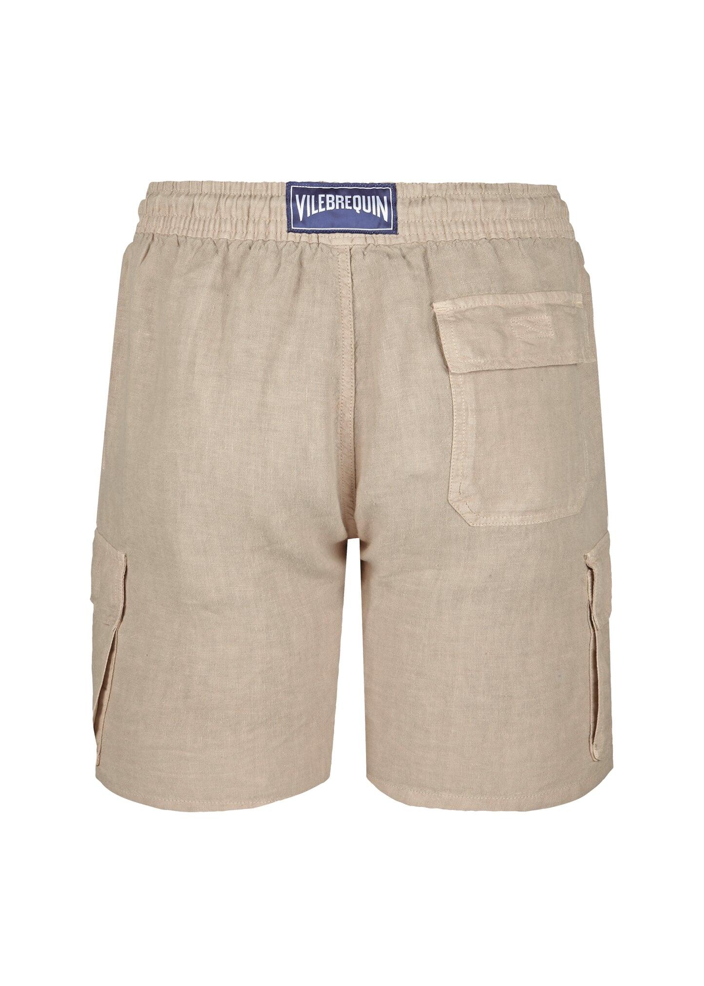 Men Linen Bermuda Short Cargo Pockets Safari Beige - Linen Shorts