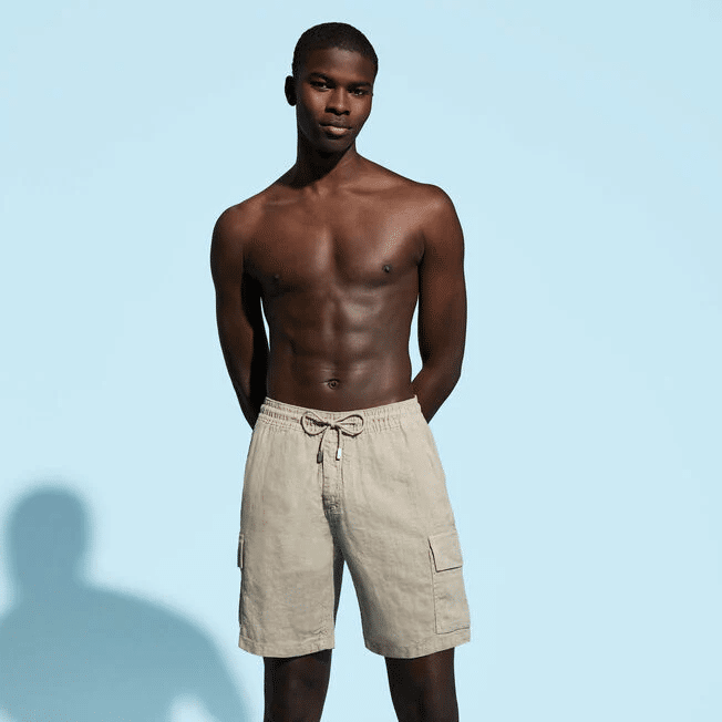 Men Linen Bermuda Short Cargo Pockets Safari Beige - Linen Shorts